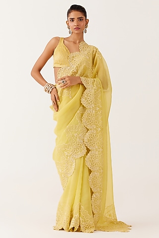 Yellow Silk Organza Sequins Embroidered Saree Set by Devnaagri