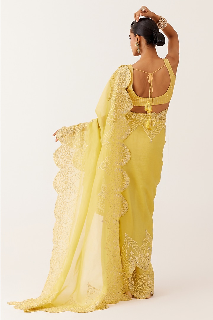 Yellow Silk Organza Sequins Embroidered Wedding Saree Set by Devnaagri at Pernia's Pop Up Shop