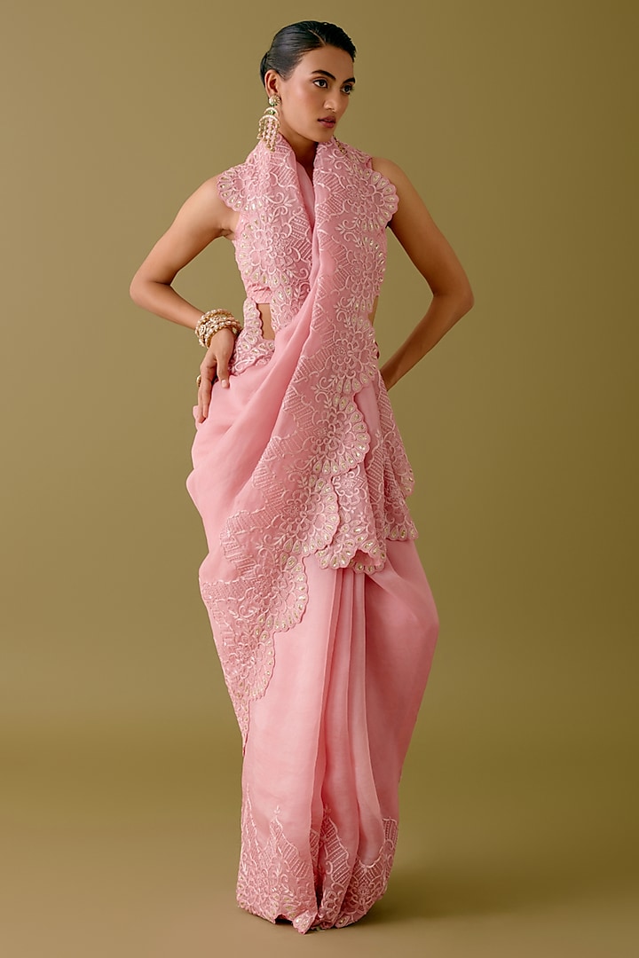 Blush Pink Silk Organza Sequins Embroidered Saree Set by Devnaagri at Pernia's Pop Up Shop