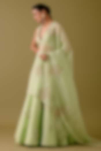 Pistachio Green Silk Organza Sequins Embroidered Bridal Lehenga Set by Devnaagri at Pernia's Pop Up Shop