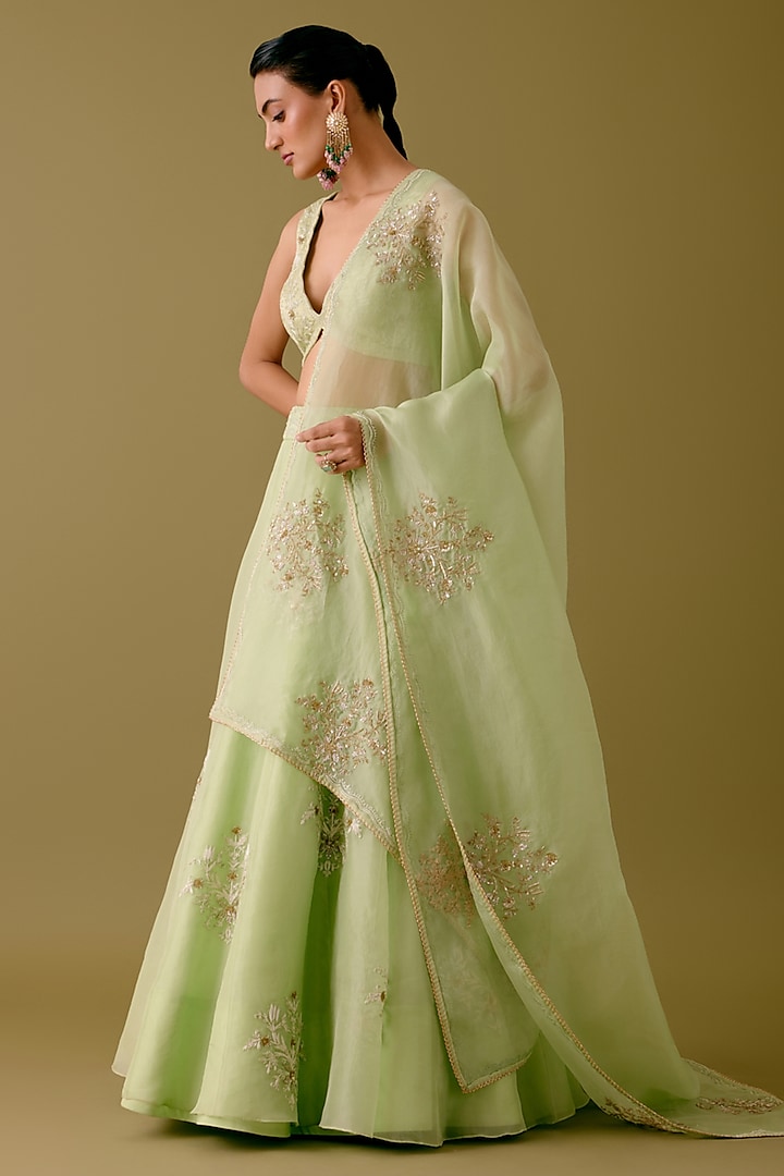 Pistachio Green Silk Organza Sequins Embroidered Bridal Lehenga Set by Devnaagri at Pernia's Pop Up Shop