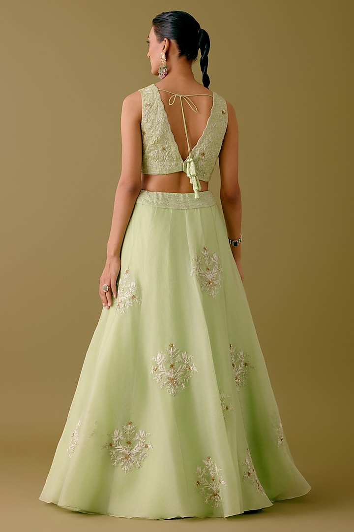 Pistachio Green Silk Organza Sequins Embroidered Bridal Lehenga Set by Devnaagri at Pernia's Pop Up Shop
