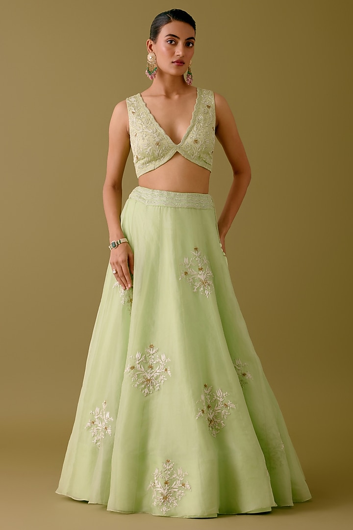 Pistachio Green Silk Organza Sequins Embroidered Bridal Lehenga Set by Devnaagri at Pernia's Pop Up Shop
