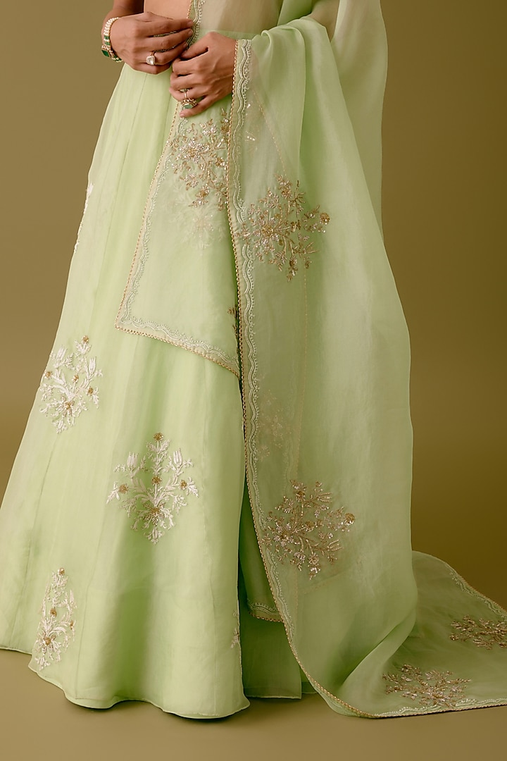 Pistachio Green Silk Organza Sequins Embroidered Bridal Lehenga Set by Devnaagri at Pernia's Pop Up Shop