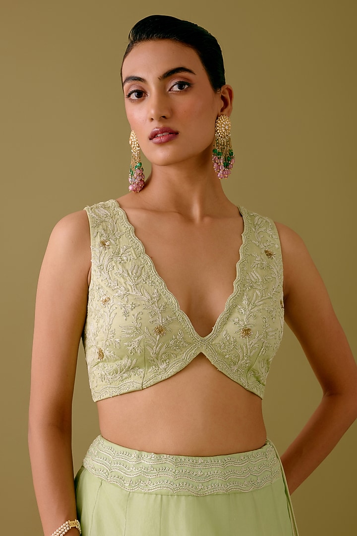 Pistachio Green Silk Organza Sequins Embroidered Bridal Lehenga Set by Devnaagri at Pernia's Pop Up Shop