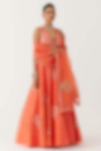 Orange Silk Organza Sequins Embroidered Bridal Lehenga Set by Devnaagri at Pernia's Pop Up Shop