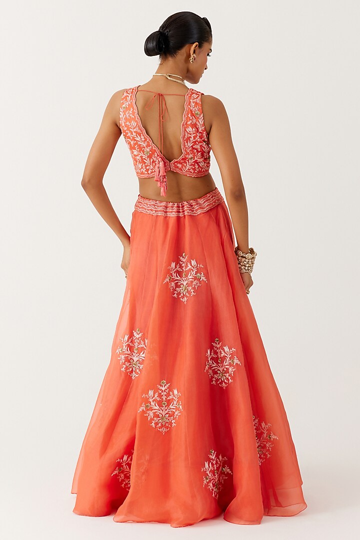 Orange Silk Organza Sequins Embroidered Bridal Lehenga Set by Devnaagri at Pernia's Pop Up Shop