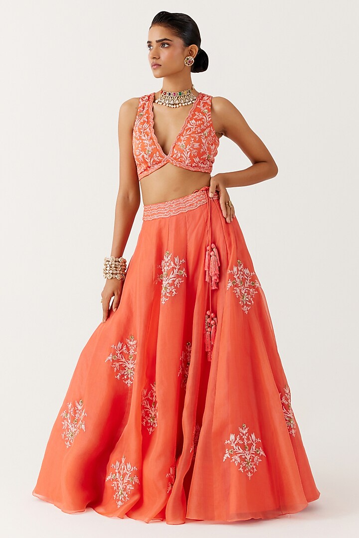 Orange Silk Organza Sequins Embroidered Bridal Lehenga Set by Devnaagri at Pernia's Pop Up Shop