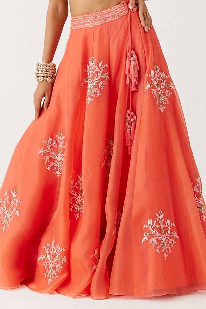 Orange Silk Organza Sequins Embroidered Bridal Lehenga Set by Devnaagri at Pernia's Pop Up Shop