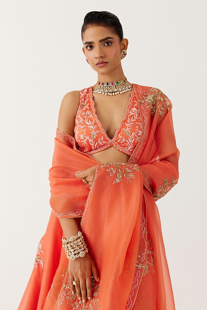 Orange Silk Organza Sequins Embroidered Bridal Lehenga Set by Devnaagri at Pernia's Pop Up Shop