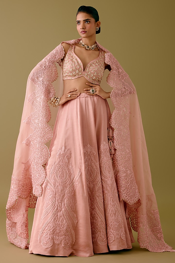 Onion Pink Silk Satin Dori Embroidered Bridal Lehenga Set by Devnaagri at Pernia's Pop Up Shop