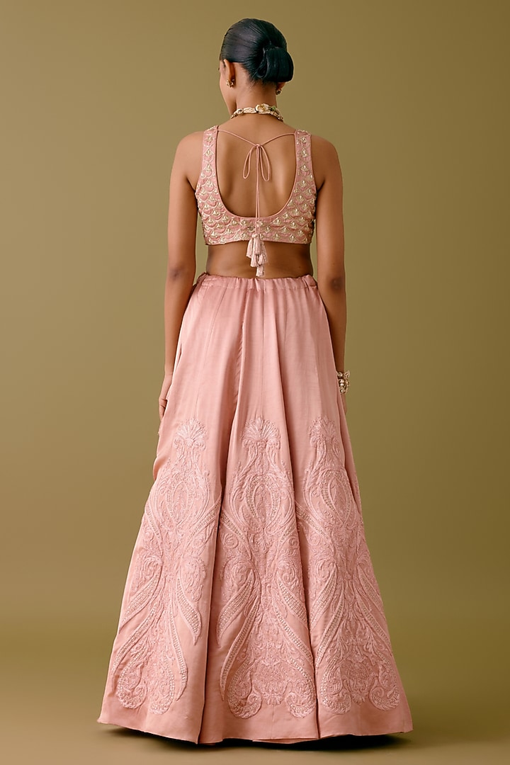 Onion Pink Silk Satin Dori Embroidered Bridal Lehenga Set by Devnaagri at Pernia's Pop Up Shop