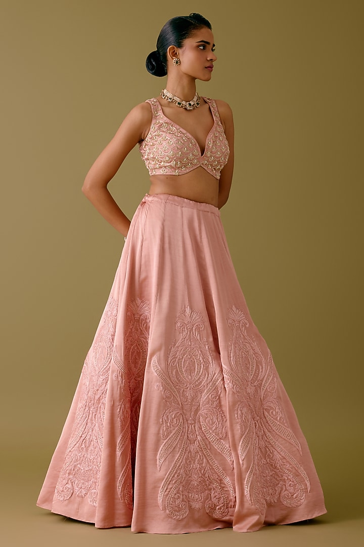 Onion Pink Silk Satin Dori Embroidered Bridal Lehenga Set by Devnaagri at Pernia's Pop Up Shop
