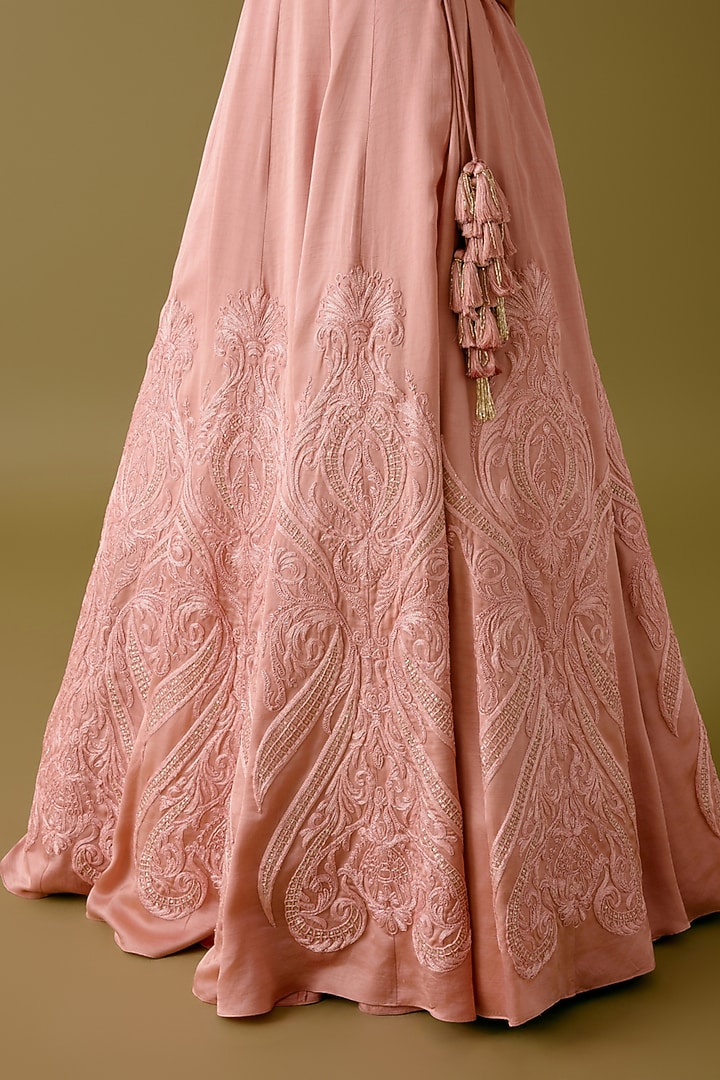 Onion Pink Silk Satin Dori Embroidered Bridal Lehenga Set by Devnaagri at Pernia's Pop Up Shop