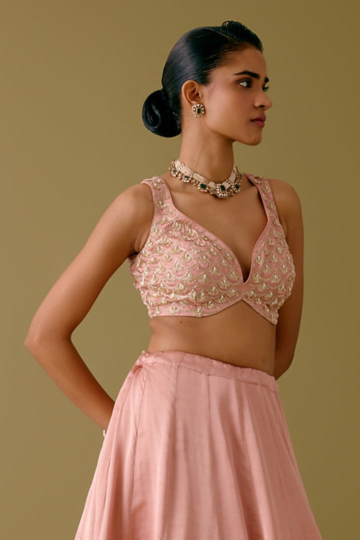 Onion Pink Silk Satin Dori Embroidered Bridal Lehenga Set by Devnaagri at Pernia's Pop Up Shop
