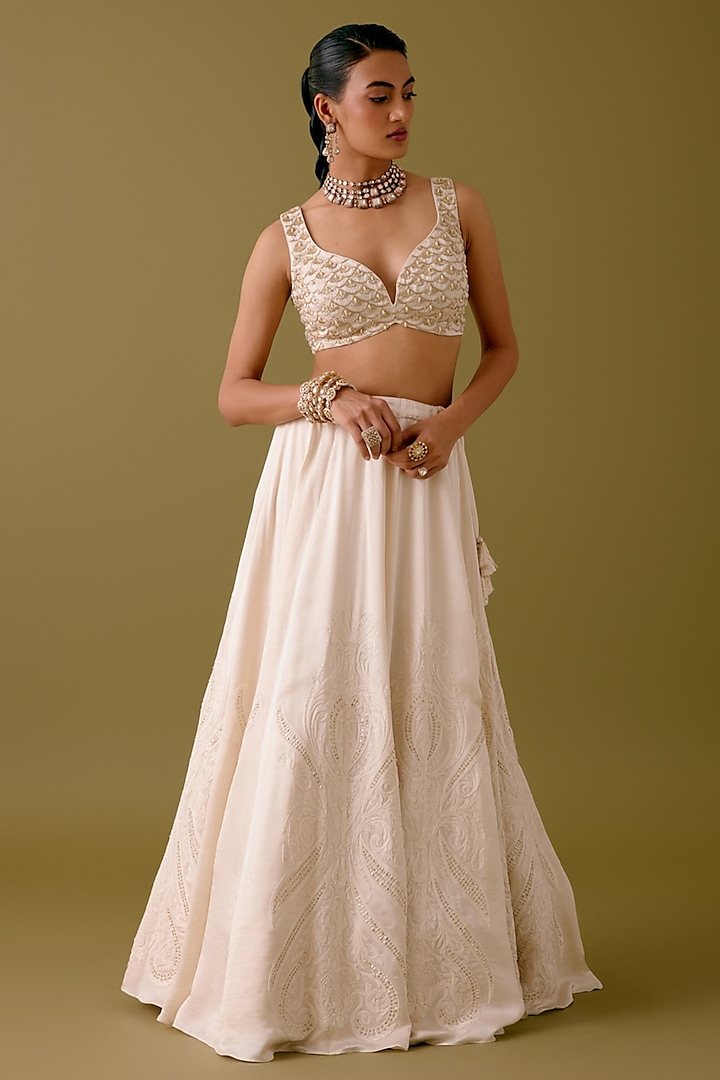 Ivory Silk Satin Dori Embroidered Bridal Lehenga Set by Devnaagri at Pernia's Pop Up Shop