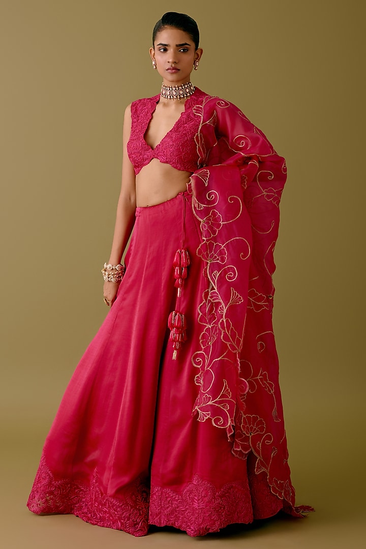 Fuchsia Pink Silk Satin Dori Embroidered Wedding Lehenga Set by Devnaagri at Pernia's Pop Up Shop