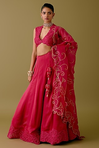 Fuchsia Pink Silk Satin Dori Embroidered Lehenga Set by Devnaagri
