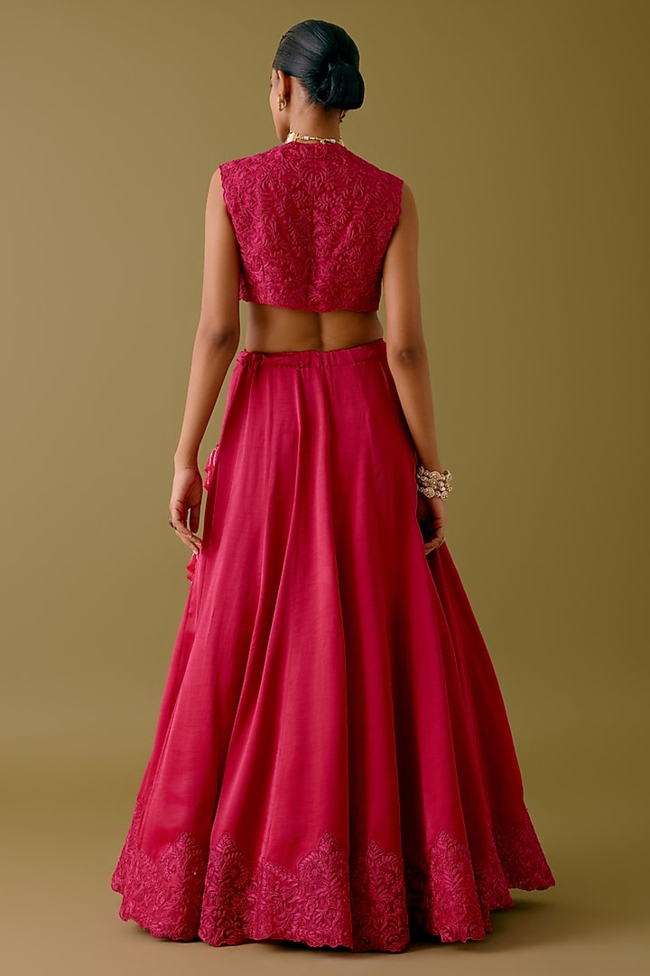 Fuchsia Pink Silk Satin Dori Embroidered Bridal Lehenga Set by Devnaagri at Pernia's Pop Up Shop