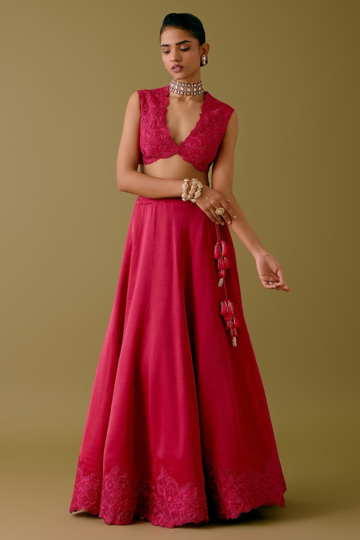 Fuchsia Pink Silk Satin Dori Embroidered Bridal Lehenga Set by Devnaagri at Pernia's Pop Up Shop