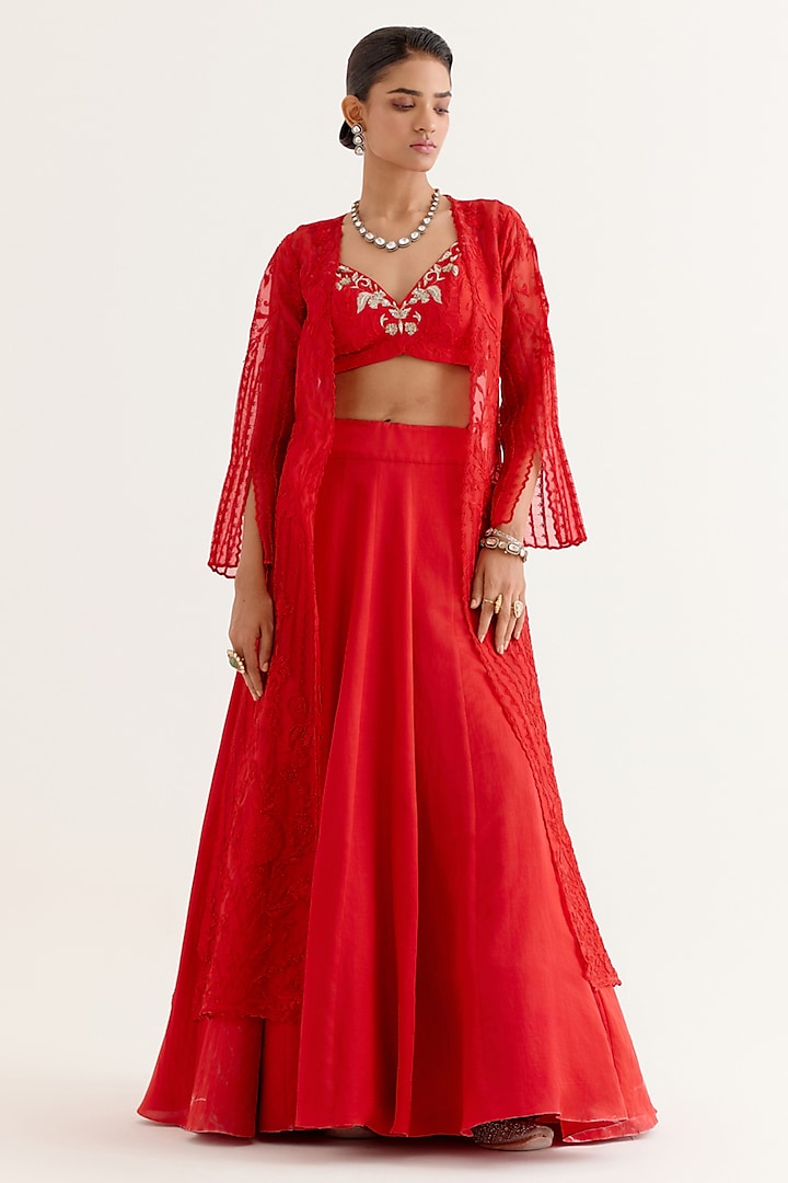 Ruby Red Silk Satin Zardosi Embroidered Jacket Wedding Lehenga Set by Devnaagri at Pernia's Pop Up Shop