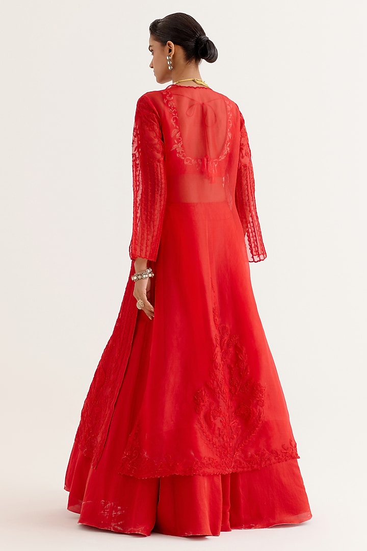 Ruby Red Silk Satin Zardosi Embroidered Jacket Wedding Lehenga Set by Devnaagri at Pernia's Pop Up Shop