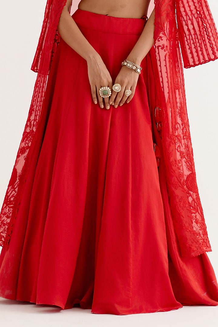 Ruby Red Silk Satin Zardosi Embroidered Jacket Wedding Lehenga Set by Devnaagri at Pernia's Pop Up Shop