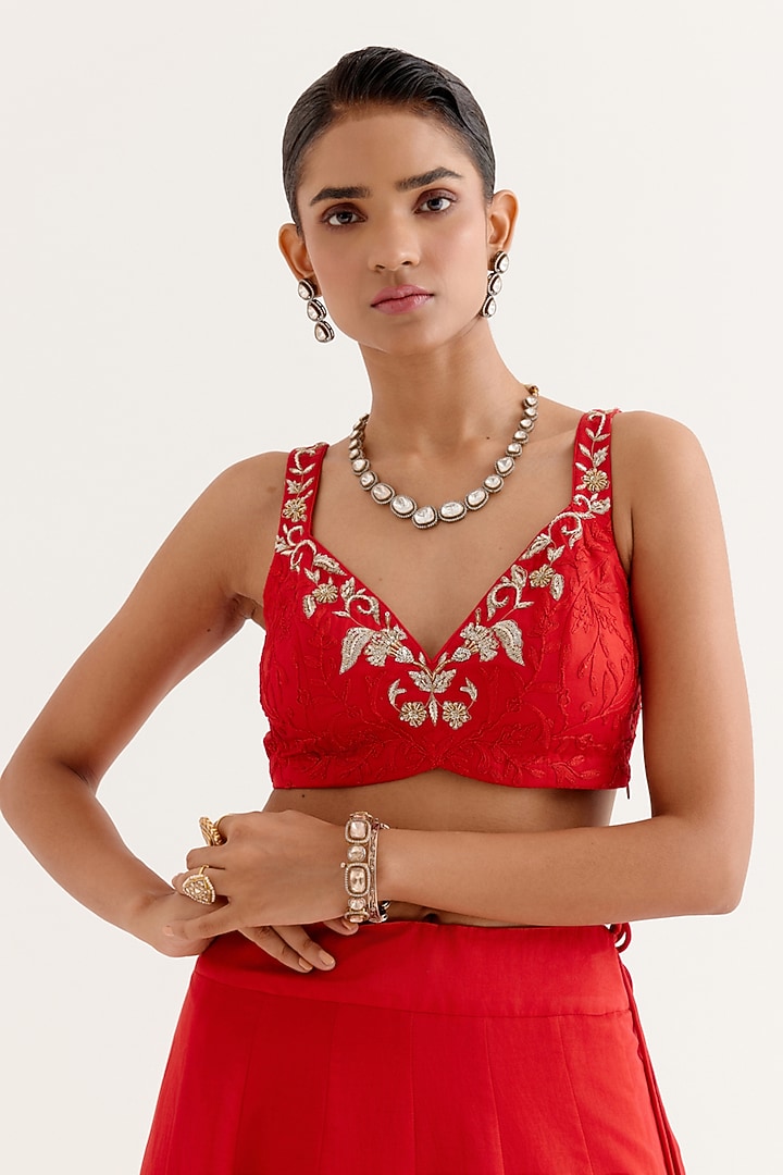 Ruby Red Silk Satin Zardosi Embroidered Jacket Wedding Lehenga Set by Devnaagri at Pernia's Pop Up Shop