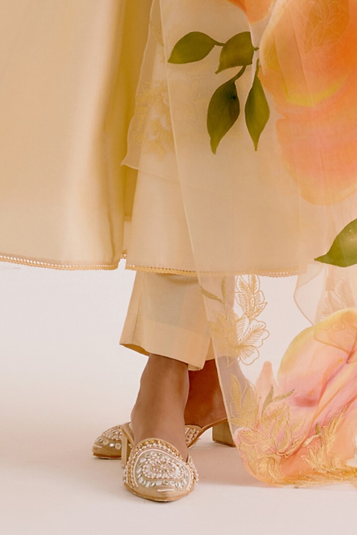 Lemon Yellow Silk Chanderi Thread Embroidered Wedding Anarkali Set by Devnaagri at Pernia's Pop Up Shop
