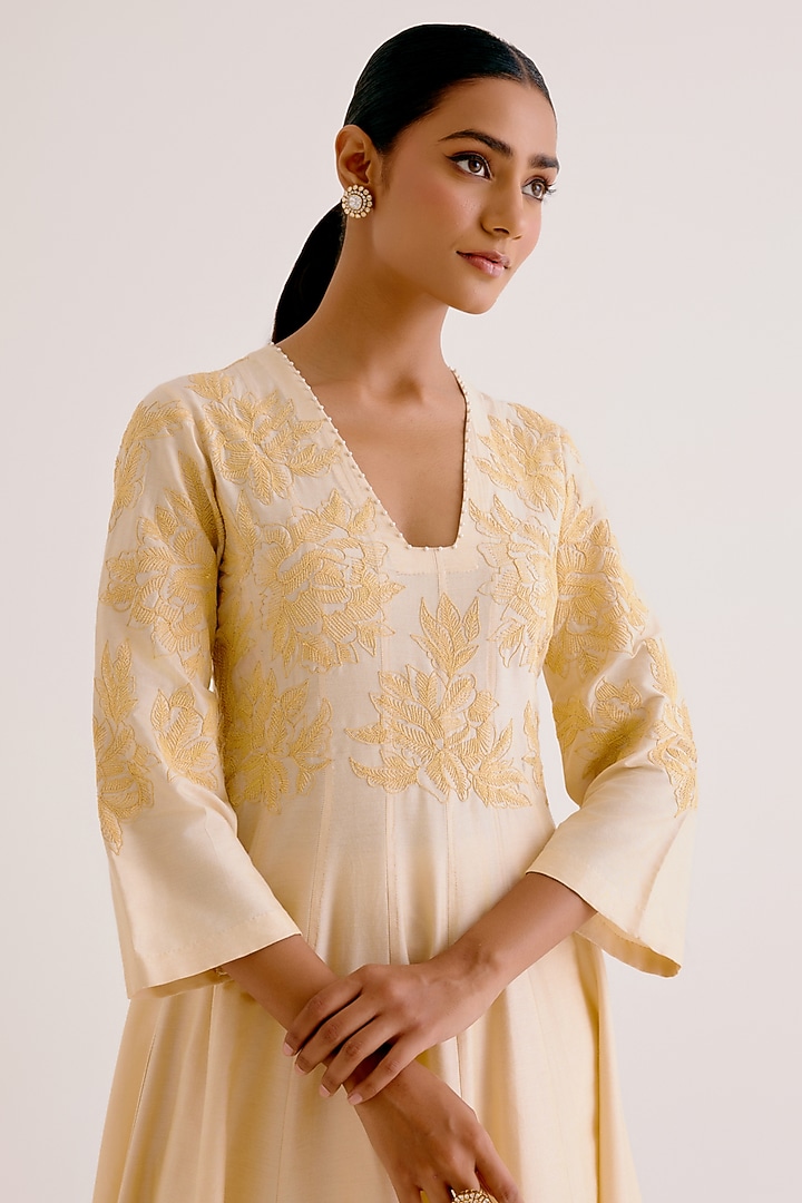 Lemon Yellow Silk Chanderi Thread Embroidered Wedding Anarkali Set by Devnaagri at Pernia's Pop Up Shop