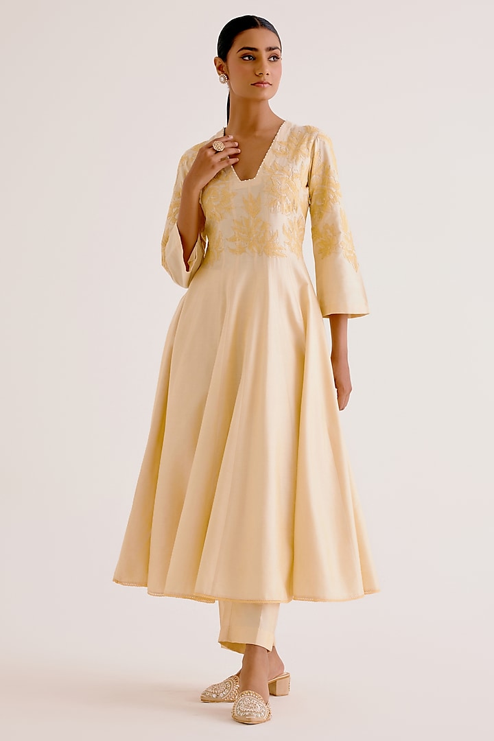 Lemon Yellow Silk Chanderi Thread Embroidered Wedding Anarkali Set by Devnaagri at Pernia's Pop Up Shop
