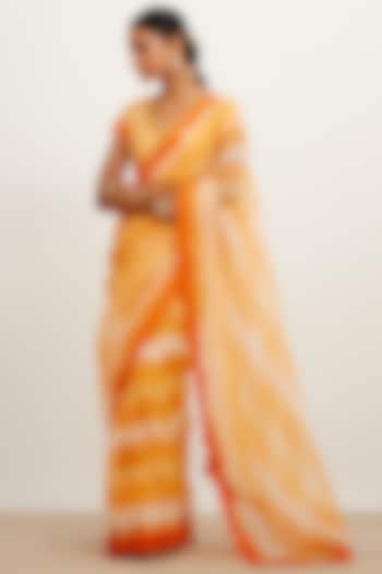 Orange Organza Silk Tie-Dye Printed Saree Set by Devnaagri