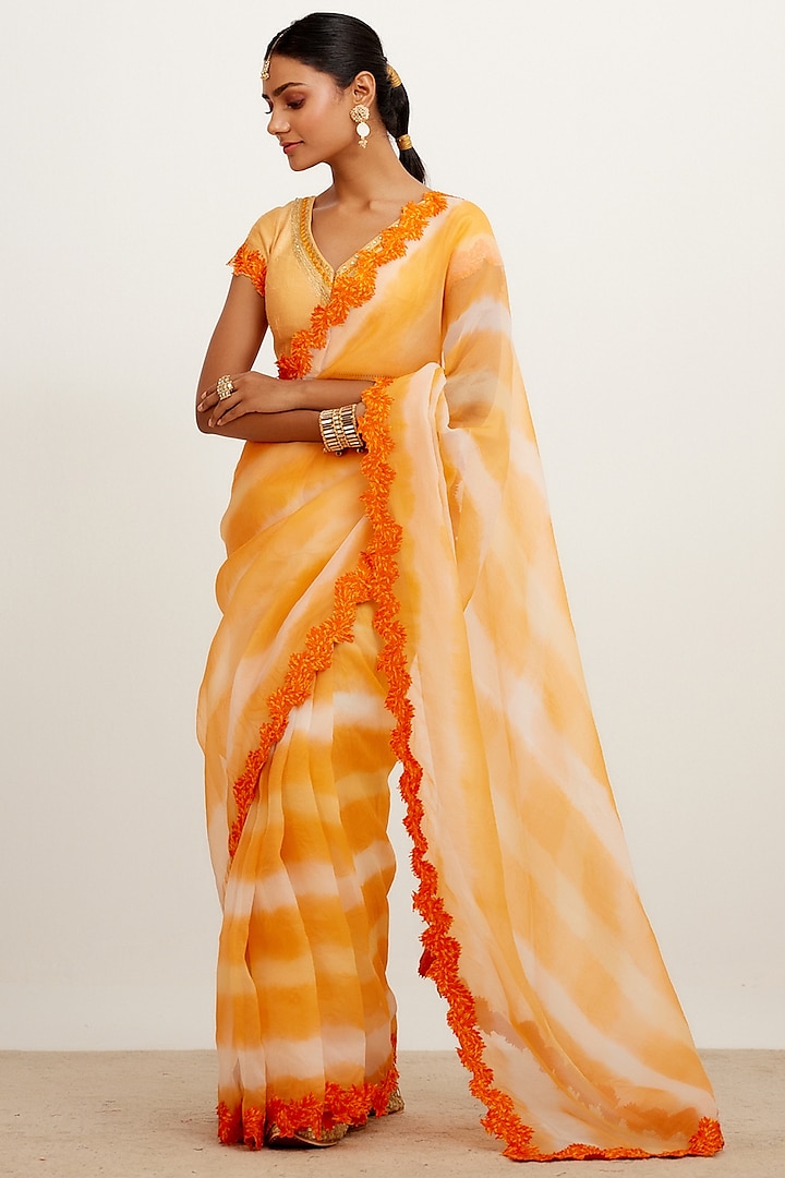 Orange Tie-Dye Printed Saree Set by Devnaagri