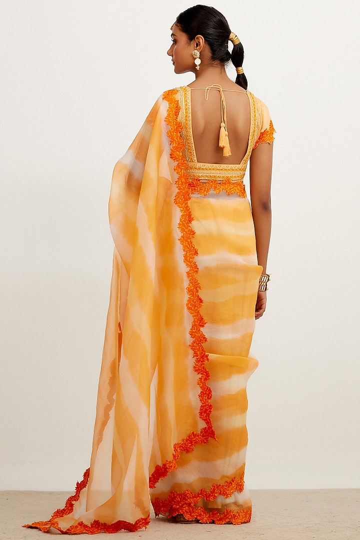 Orange Organza Silk Tie-Dye Printed Wedding Saree Set by Devnaagri at Pernia's Pop Up Shop