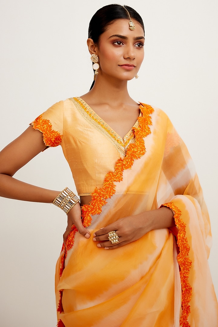 Orange Organza Silk Tie-Dye Printed Wedding Saree Set by Devnaagri at Pernia's Pop Up Shop