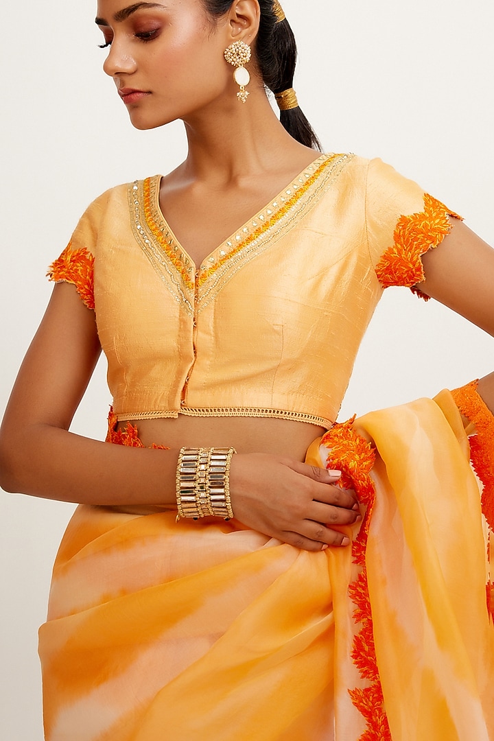 Orange Organza Silk Tie-Dye Printed Wedding Saree Set by Devnaagri at Pernia's Pop Up Shop