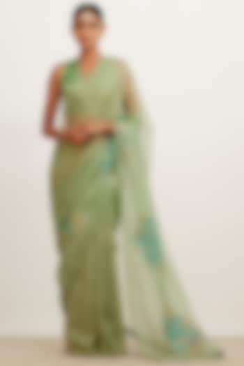 Sage Green Silk Organza & Chanderi Mukaish Hand-Painted Saree Set by Devnaagri