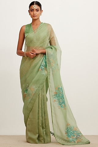 Sage Green Silk Organza & Chanderi Mukaish Hand-Painted Saree Set by Devnaagri