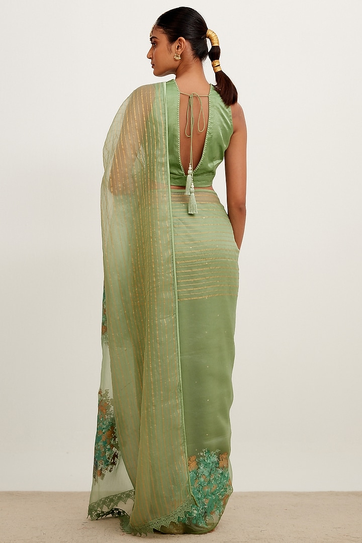 Sage Green Silk Organza & Chanderi Mukaish Hand-Painted Wedding Saree Set by Devnaagri at Pernia's Pop Up Shop