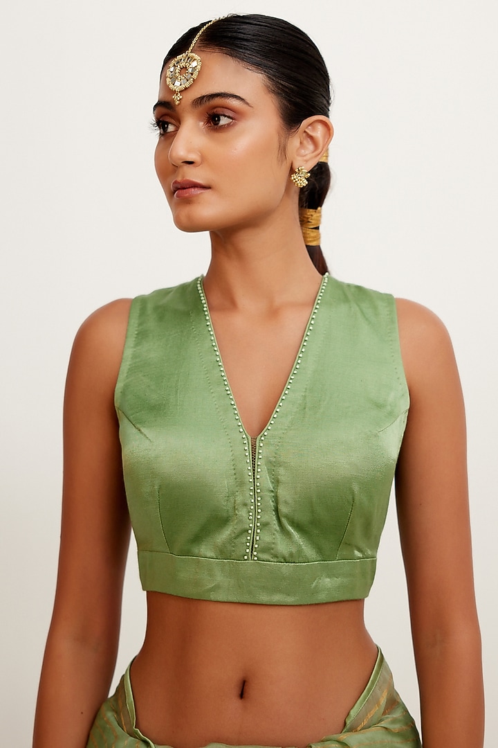 Sage Green Silk Organza & Chanderi Mukaish Hand-Painted Wedding Saree Set by Devnaagri at Pernia's Pop Up Shop