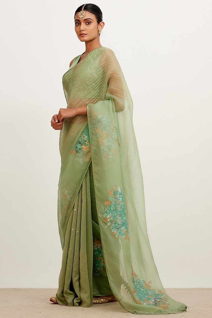 Sage Green Silk Organza & Chanderi Mukaish Hand-Painted Wedding Saree Set by Devnaagri at Pernia's Pop Up Shop