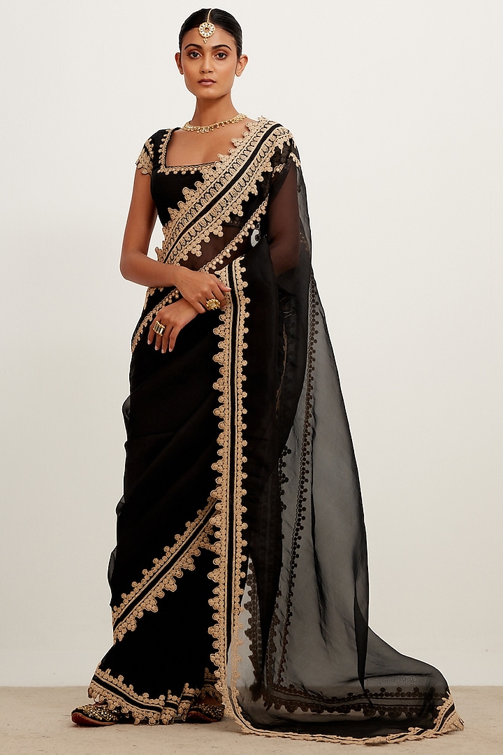 Black Organza Embroidered Saree Set by Devnaagri