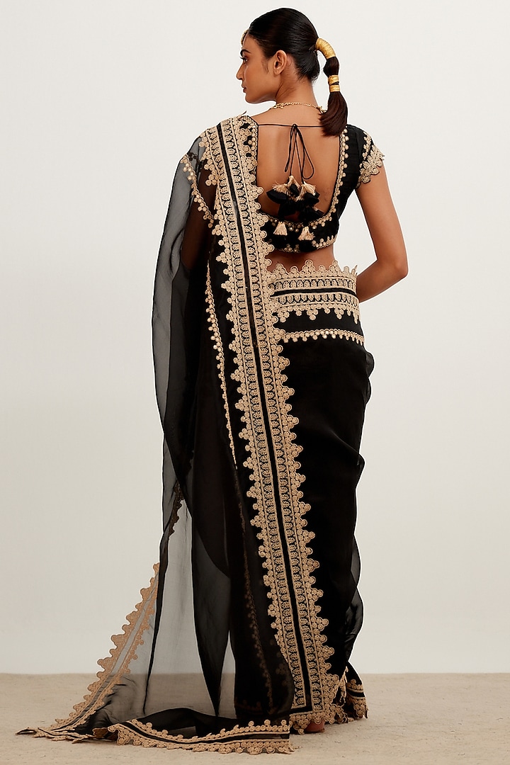 Black Organza Embroidered Wedding Saree Set by Devnaagri at Pernia's Pop Up Shop