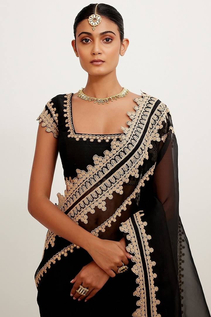 Black Organza Embroidered Wedding Saree Set by Devnaagri at Pernia's Pop Up Shop