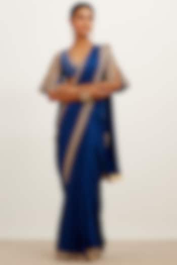 Blue Silk Satin Embroidered Wedding Saree Set by Devnaagri at Pernia's Pop Up Shop