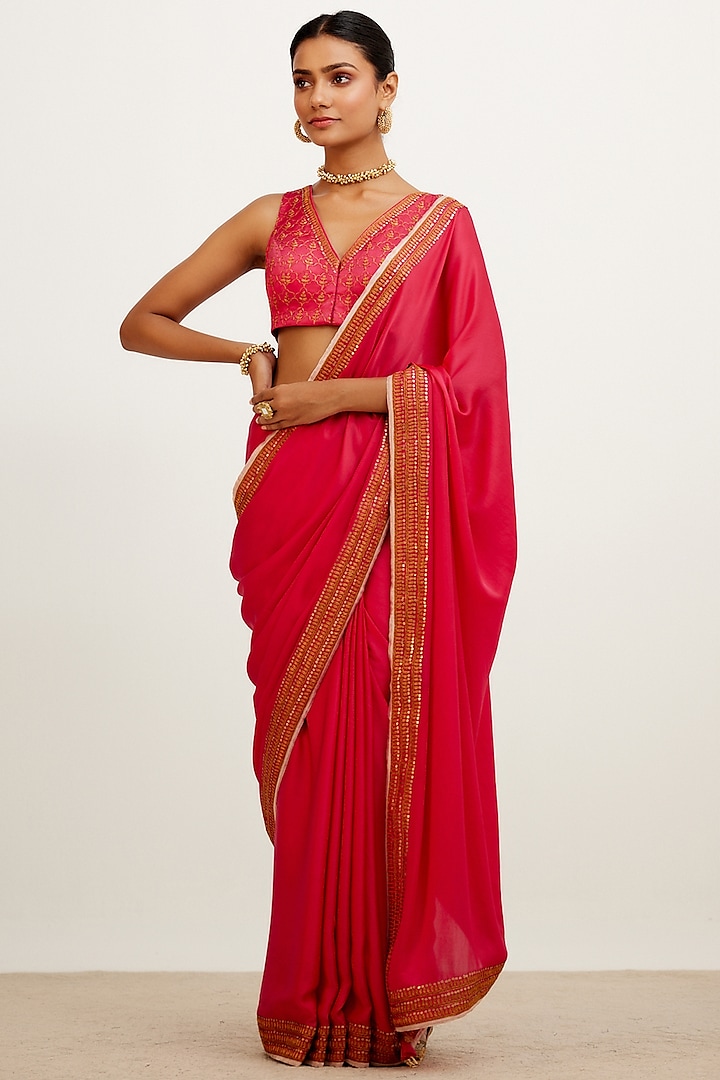 Fuchsia Pink Embroidered Saree Set by Devnaagri