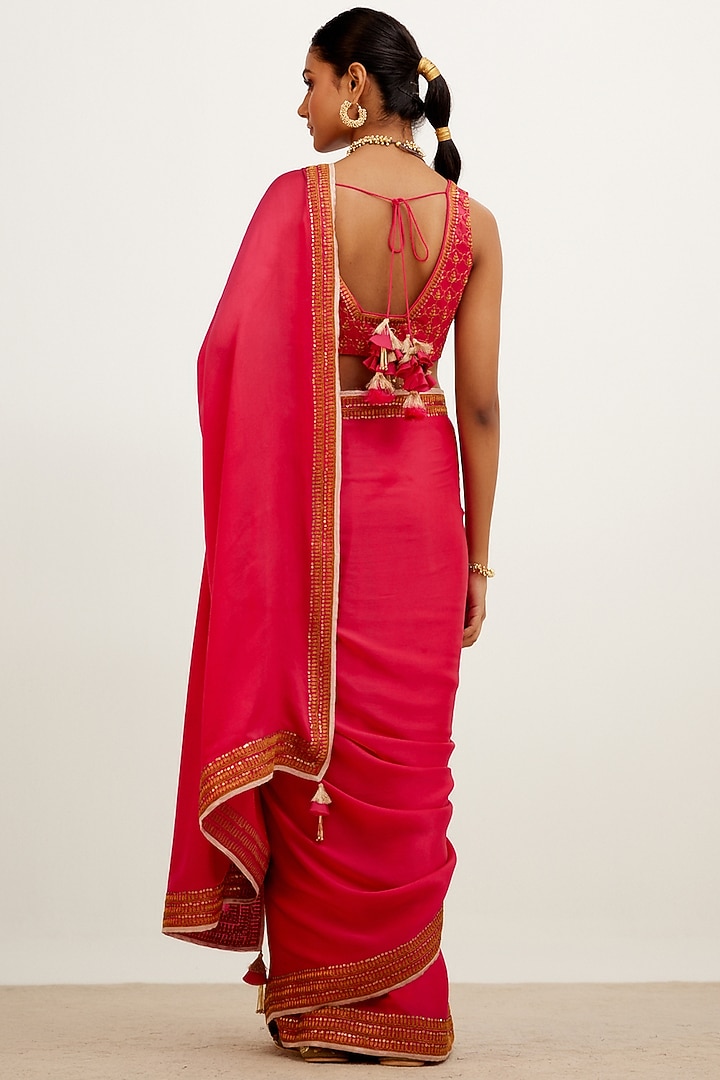 Fuchsia Pink Embroidered Wedding Saree Set by Devnaagri at Pernia's Pop Up Shop