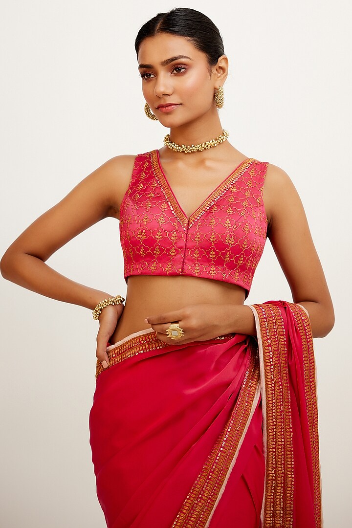 Fuchsia Pink Embroidered Wedding Saree Set by Devnaagri at Pernia's Pop Up Shop