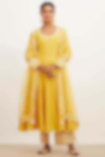 Yellow Chanderi Embroidered Anarkali Set by Devnaagri