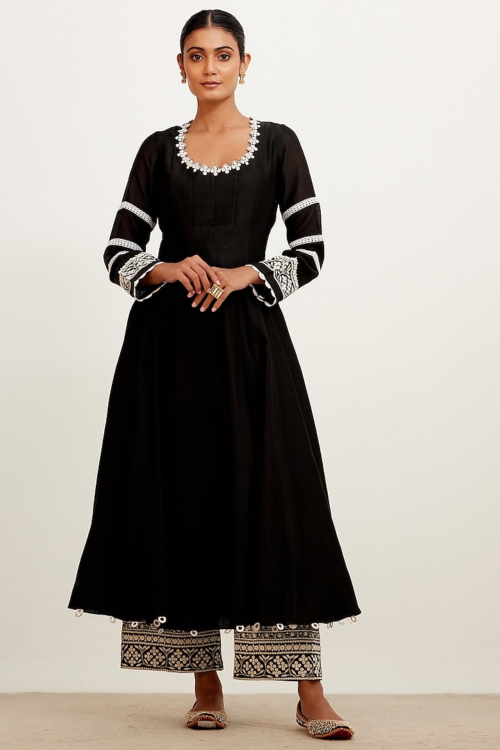 Teal Embroidered Chanderi Anarkali Set